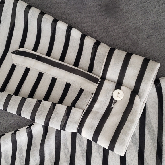 Tracy M. Sheer Colorblock Button-Up Striped High-Low Blouse - Picture 4 of 7